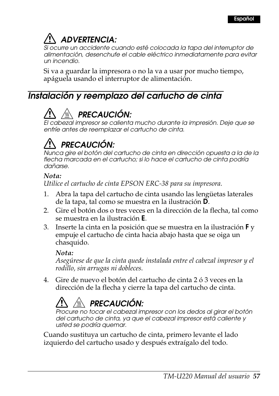 Instalación y reemplazo del cartucho de cinta, Advertencia, Precaución | Rice Lake Epson TM-U220 Series User Manual | Page 65 / 92