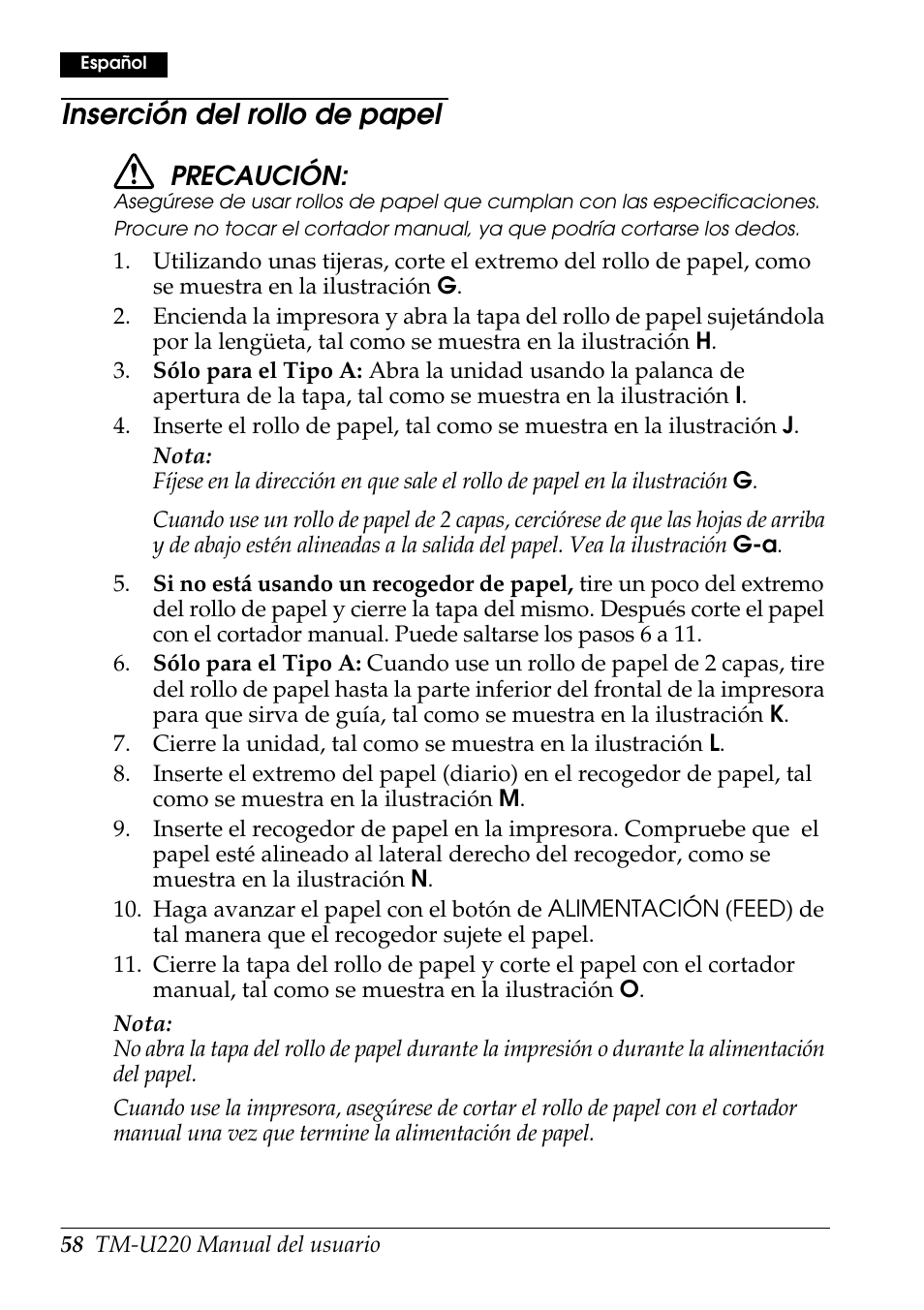 Inserción del rollo de papel, Precaución | Rice Lake Epson TM-U220 Series User Manual | Page 66 / 92