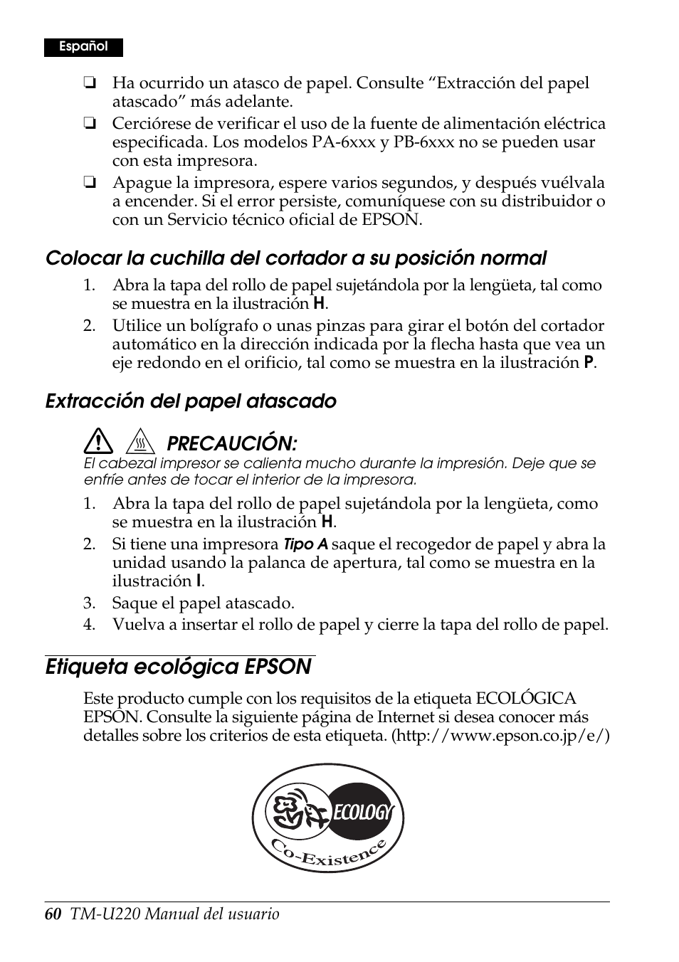 Etiqueta ecológica epson, Extracción del papel atascado precaución | Rice Lake Epson TM-U220 Series User Manual | Page 68 / 92