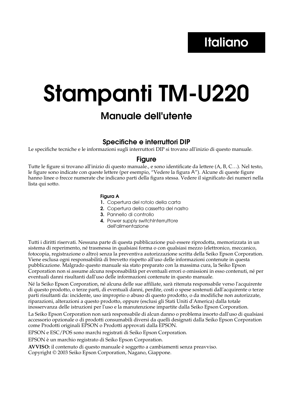 Italiano, Stampanti tm-u220, Manuale dell'utente | Rice Lake Epson TM-U220 Series User Manual | Page 69 / 92