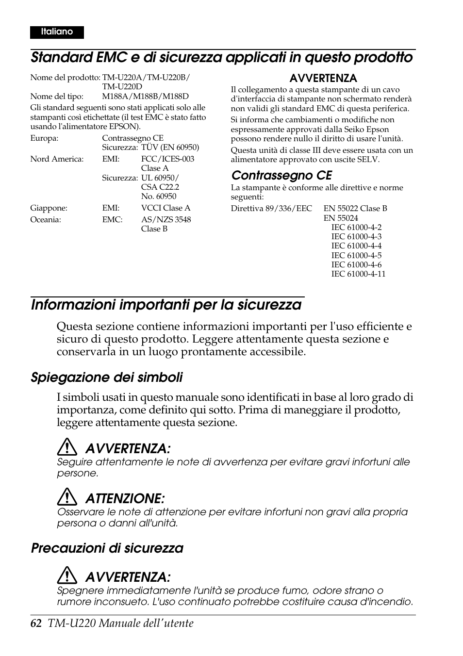 Informazioni importanti per la sicurezza, Spiegazione dei simboli, Avvertenza | Attenzione, Precauzioni di sicurezza avvertenza, Contrassegno ce | Rice Lake Epson TM-U220 Series User Manual | Page 70 / 92