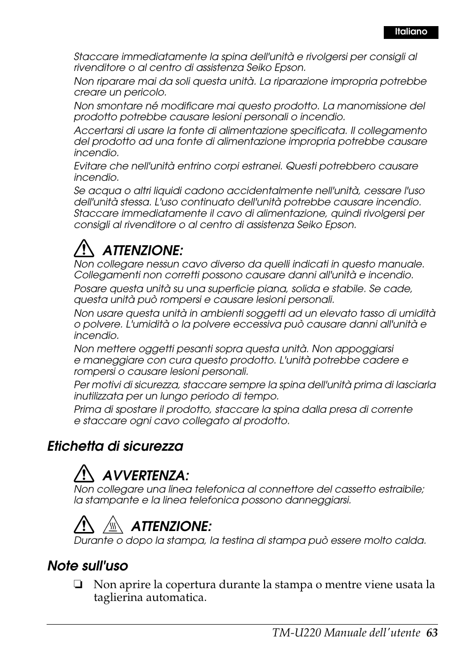 Attenzione, Etichetta di sicurezza avvertenza | Rice Lake Epson TM-U220 Series User Manual | Page 71 / 92