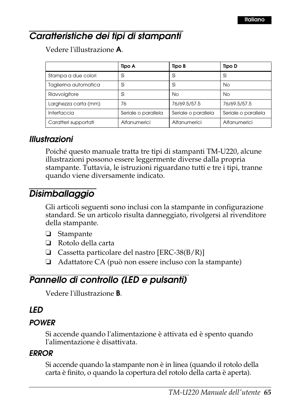 Caratteristiche dei tipi di stampanti, Disimballaggio, Pannello di controllo (led e pulsanti) | Illustrazioni, Power, Error, Vedere l'illustrazione a, Vedere l'illustrazione b | Rice Lake Epson TM-U220 Series User Manual | Page 73 / 92
