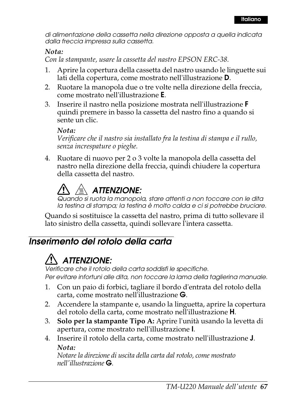 Inserimento del rotolo della carta, Attenzione | Rice Lake Epson TM-U220 Series User Manual | Page 75 / 92