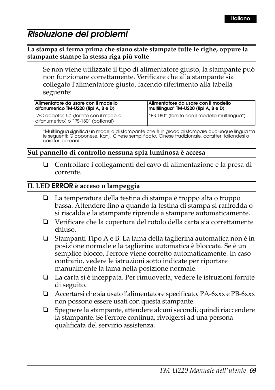 Risoluzione dei problemi | Rice Lake Epson TM-U220 Series User Manual | Page 77 / 92