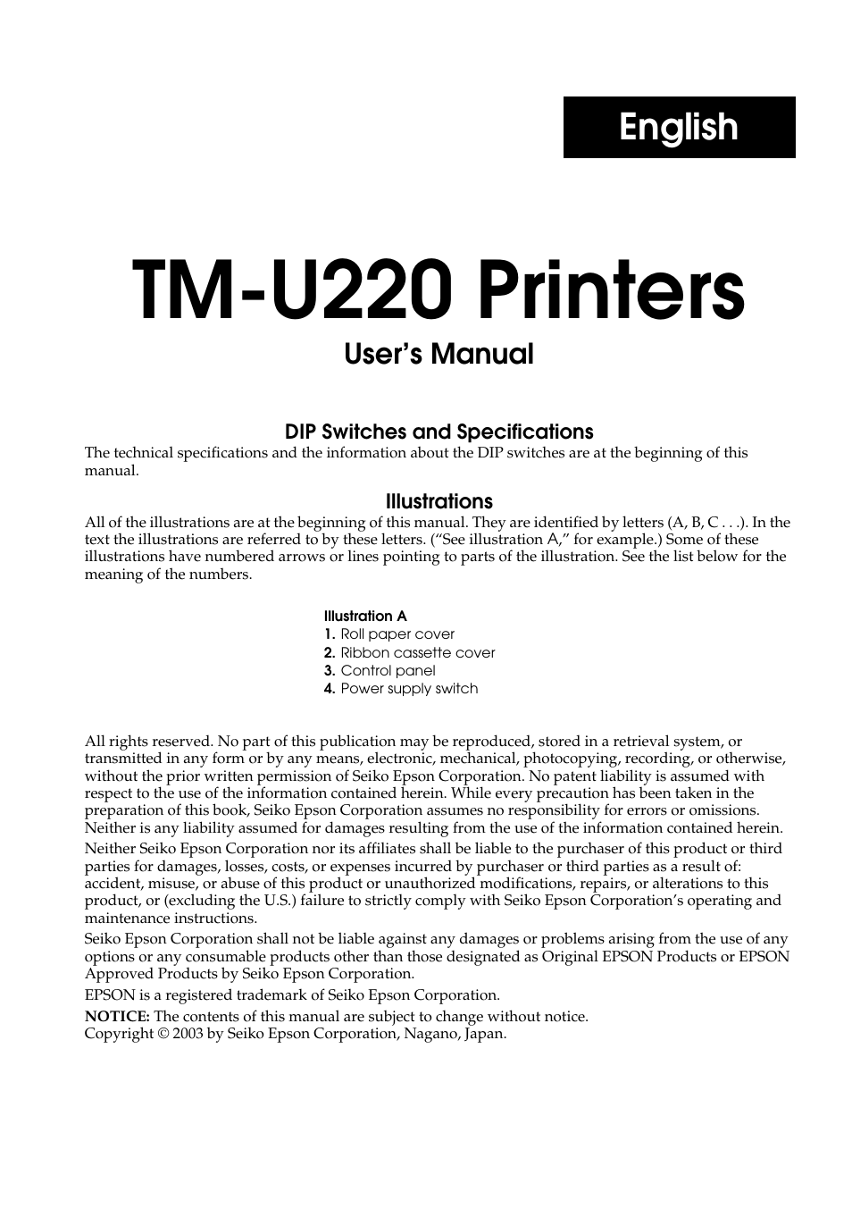 English, Tm-u220 printers, User’s manual | Rice Lake Epson TM-U220 Series User Manual | Page 9 / 92