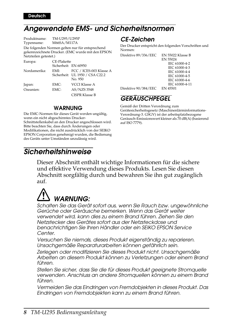 Angewendete ems- und sicherheitsnormen, Sicherheitshinweise, Ce-zeichen | Geräuschpegel, 8tm-u295 bedienungsanleitung, Warnung | Rice Lake EPSON TM-U295 User Manual | Page 10 / 72