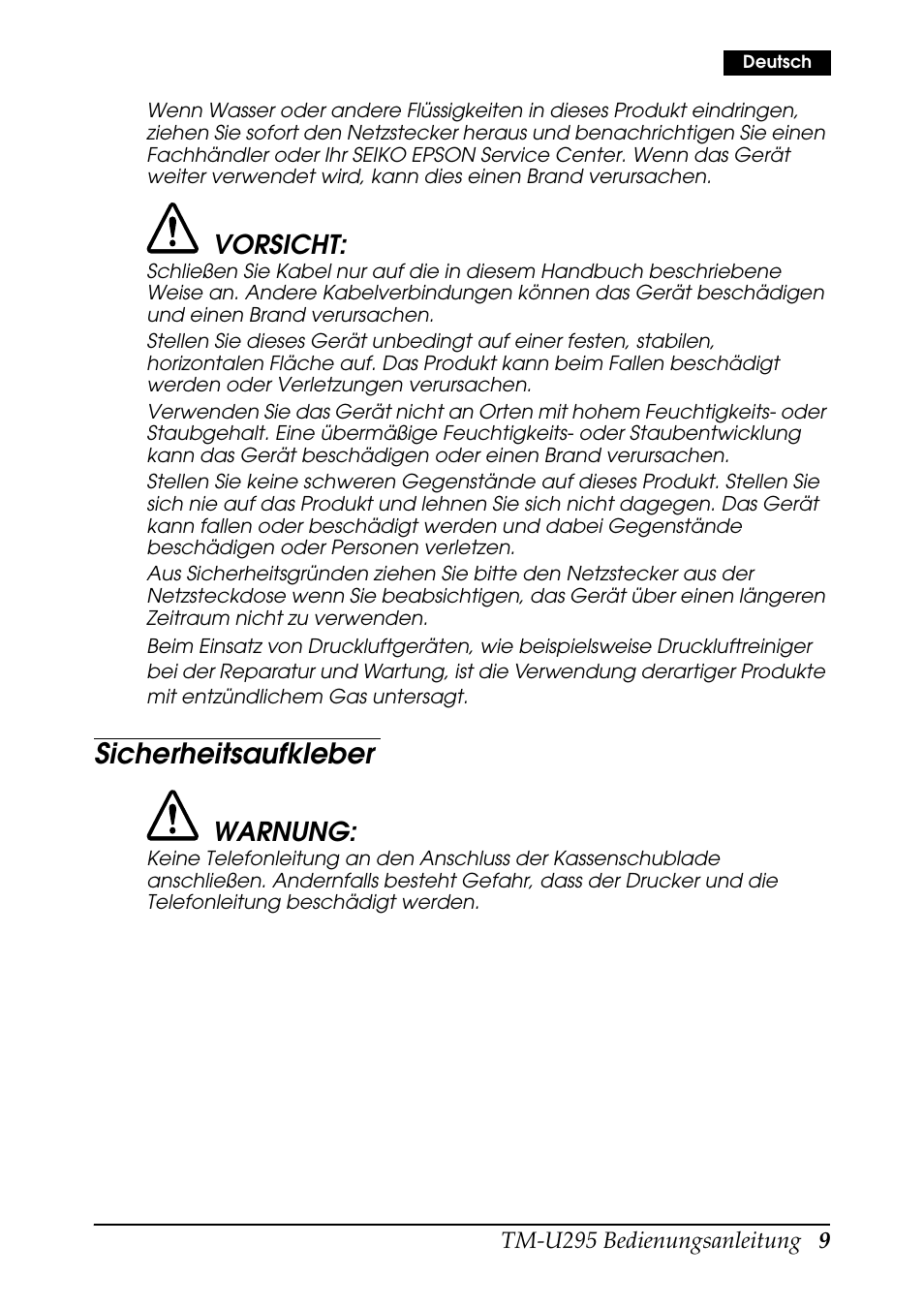 Sicherheitsaufkleber, Vorsicht, Warnung | Rice Lake EPSON TM-U295 User Manual | Page 11 / 72