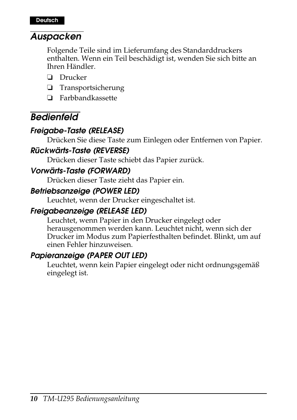 Auspacken, Bedienfeld | Rice Lake EPSON TM-U295 User Manual | Page 12 / 72