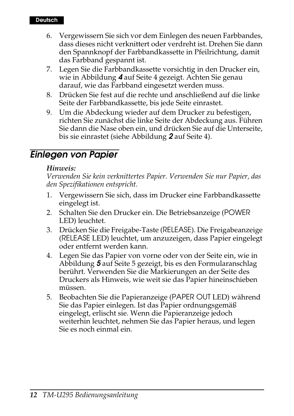 Einlegen von papier | Rice Lake EPSON TM-U295 User Manual | Page 14 / 72