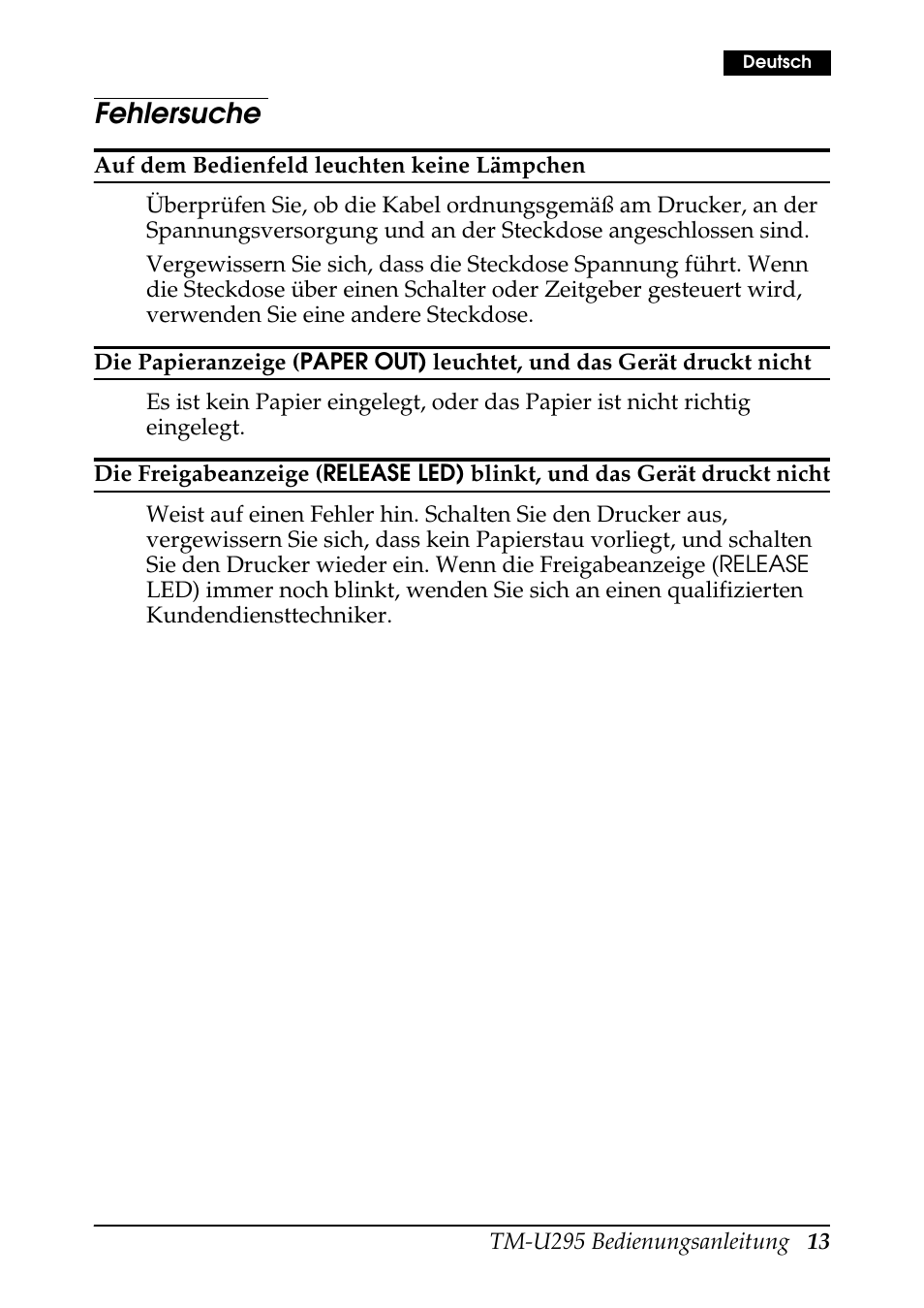 Fehlersuche | Rice Lake EPSON TM-U295 User Manual | Page 15 / 72