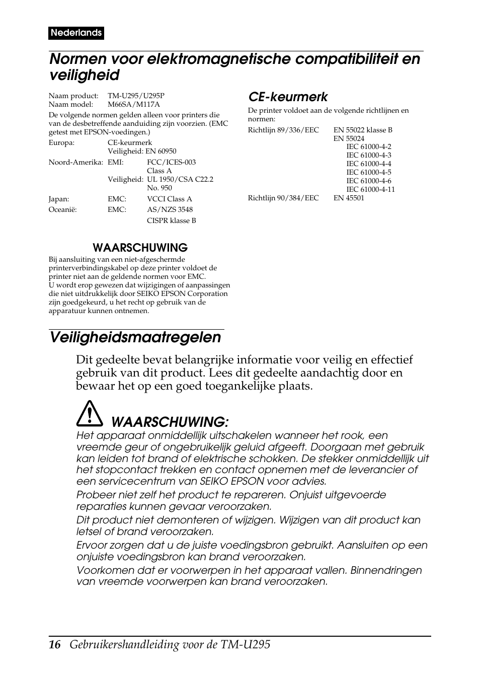 Veiligheidsmaatregelen, Ce-keurmerk, Waarschuwing | Rice Lake EPSON TM-U295 User Manual | Page 18 / 72