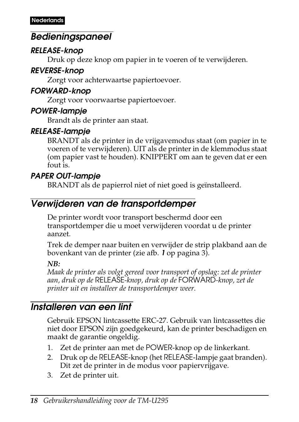 Bedieningspaneel, Verwijderen van de transportdemper, Installeren van een lint | Rice Lake EPSON TM-U295 User Manual | Page 20 / 72