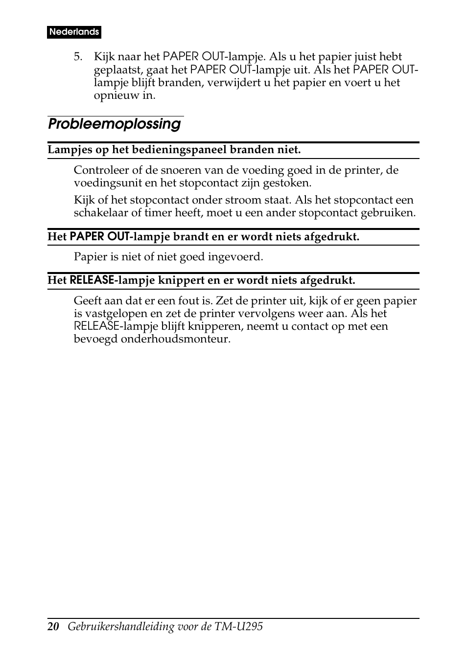 Probleemoplossing | Rice Lake EPSON TM-U295 User Manual | Page 22 / 72