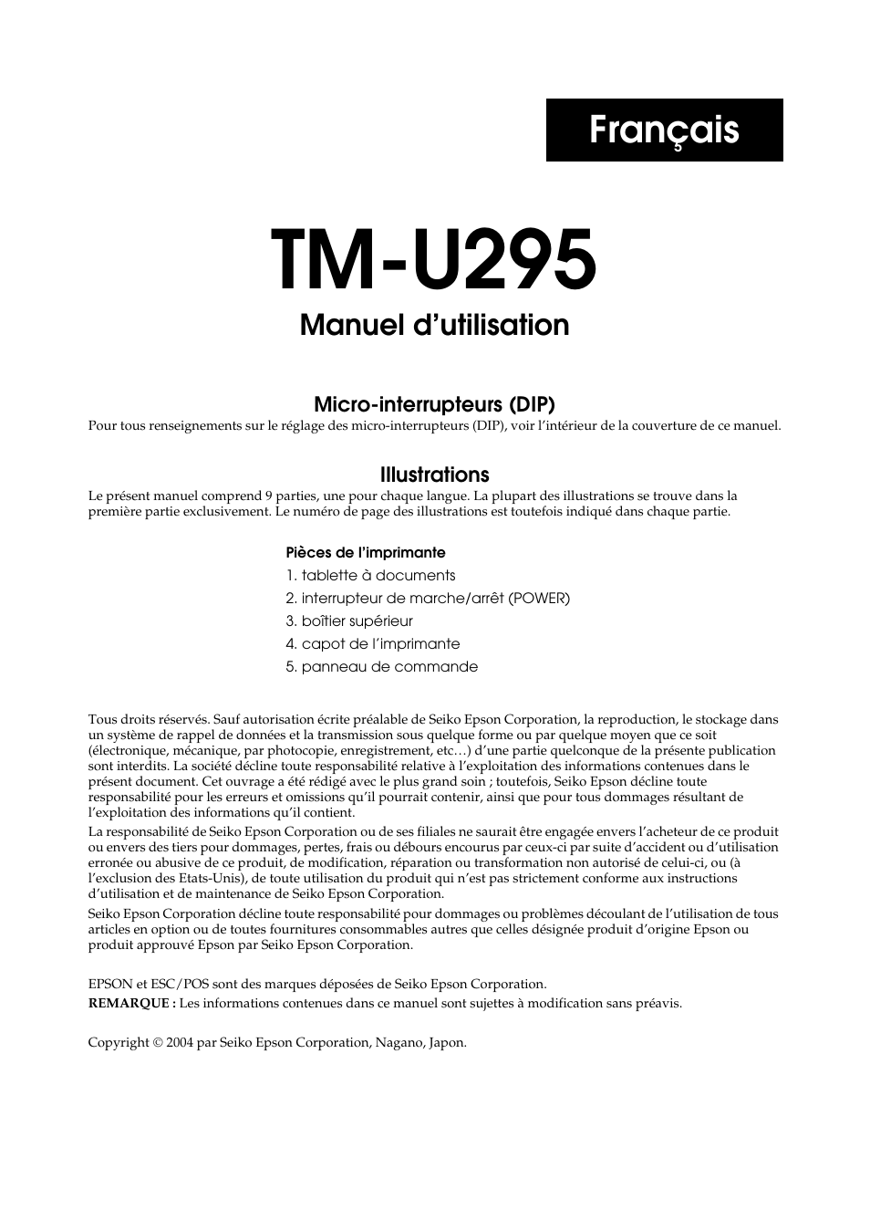 Tm-u295, Français, Manuel d’utilisation | Rice Lake EPSON TM-U295 User Manual | Page 25 / 72
