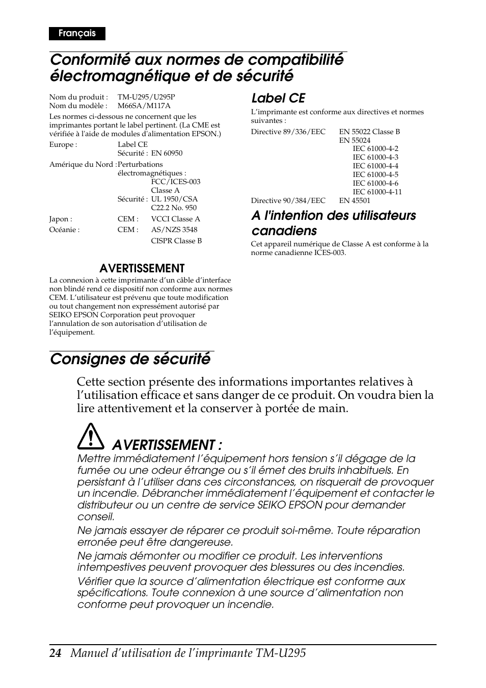 Consignes de sécurité, Label ce, Al 'intention des u tilisateurs c anadiens | Avertissement | Rice Lake EPSON TM-U295 User Manual | Page 26 / 72