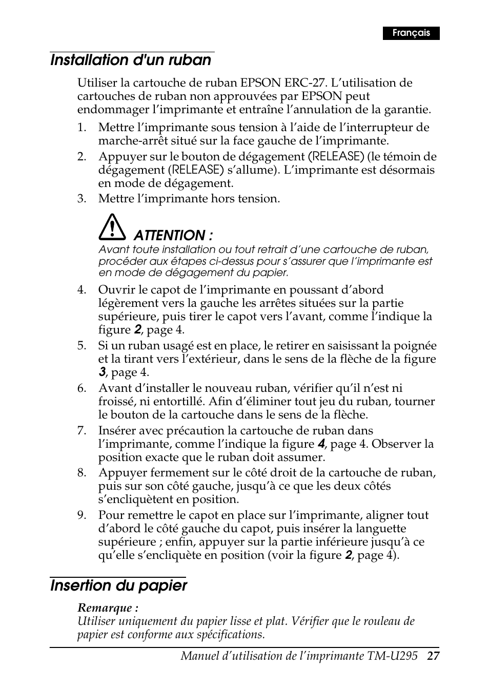 Installation d'un ruban, Insertion du papier, Attention | Rice Lake EPSON TM-U295 User Manual | Page 29 / 72