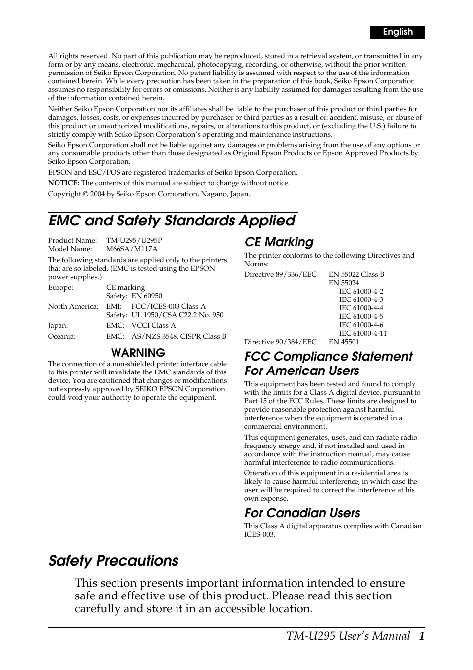 Emc and safety standards applied, Safety precautions, Ce marking | Fcc compliance statement for american users, For canadian users, Tm-u295 user’s manual 1, Warning | Rice Lake EPSON TM-U295 User Manual | Page 3 / 72