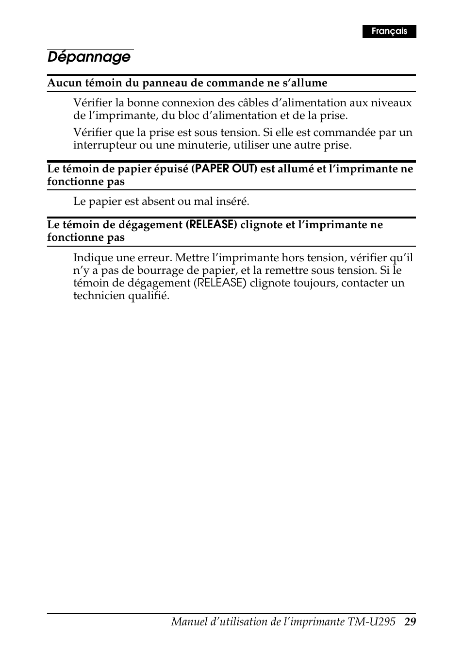 Dépannage | Rice Lake EPSON TM-U295 User Manual | Page 31 / 72