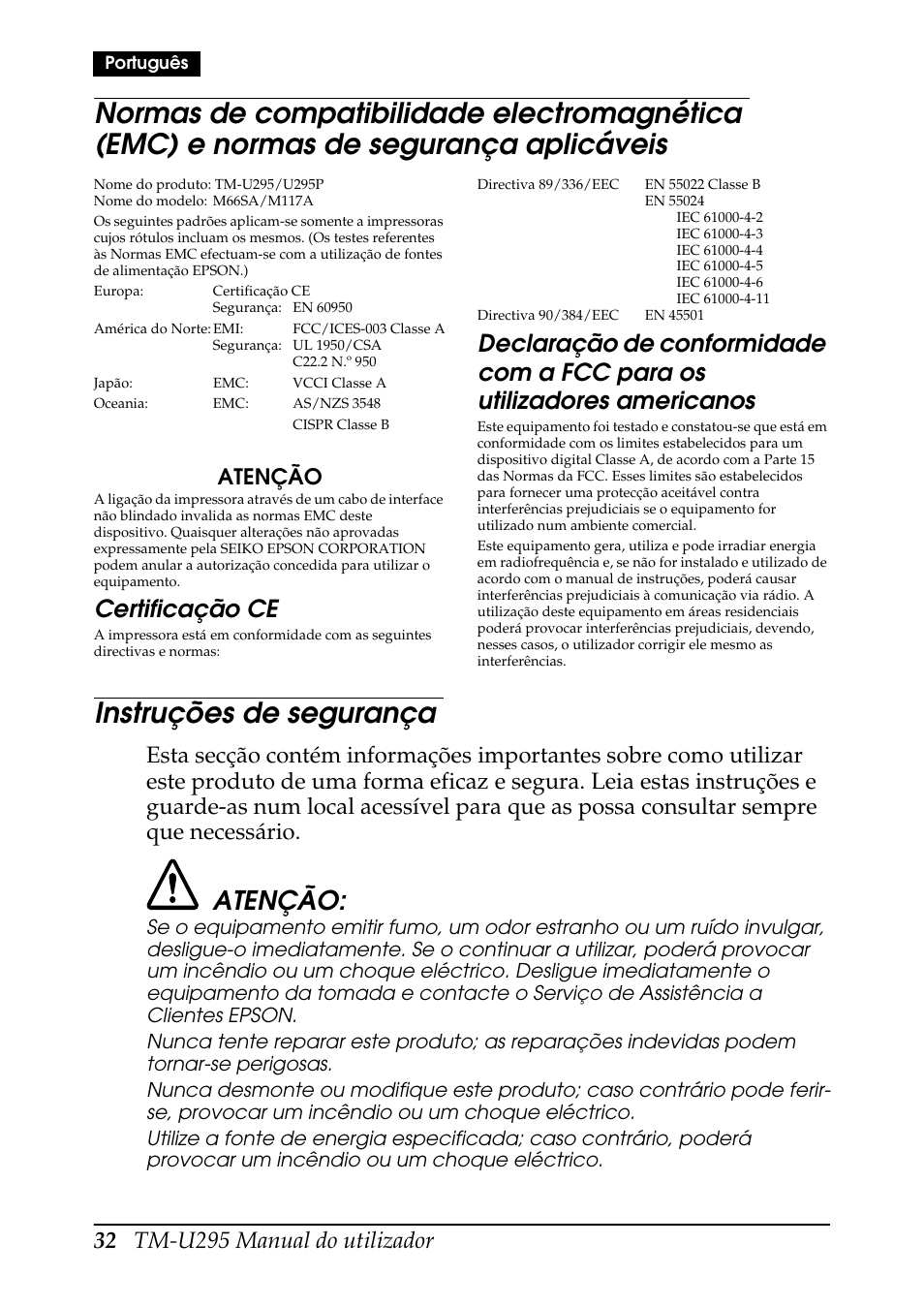 Instruções de segurança, Certificação ce, Atenção | Rice Lake EPSON TM-U295 User Manual | Page 34 / 72