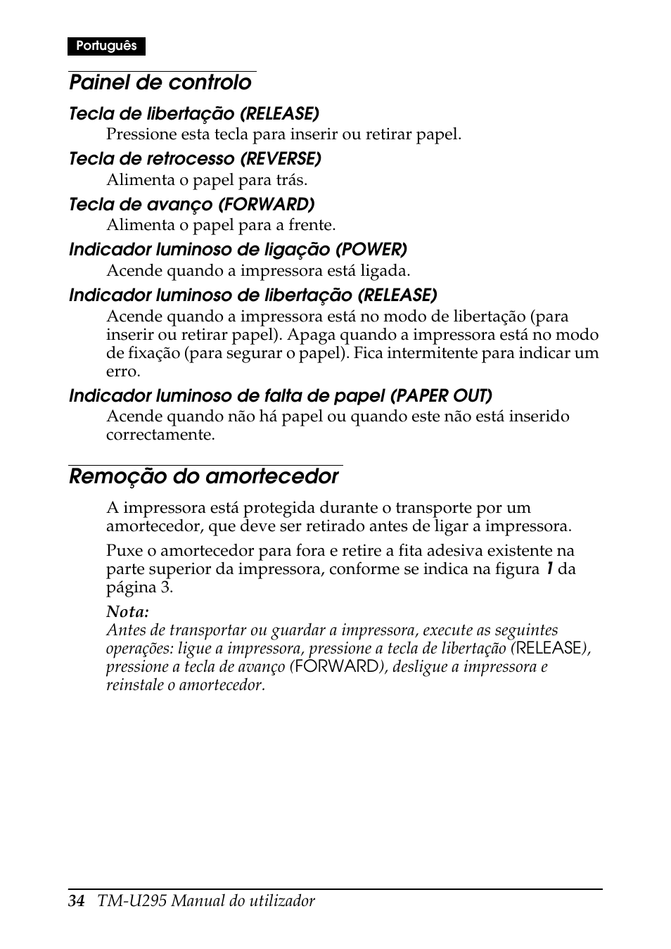 Painel de controlo, Remoção do amortecedor | Rice Lake EPSON TM-U295 User Manual | Page 36 / 72