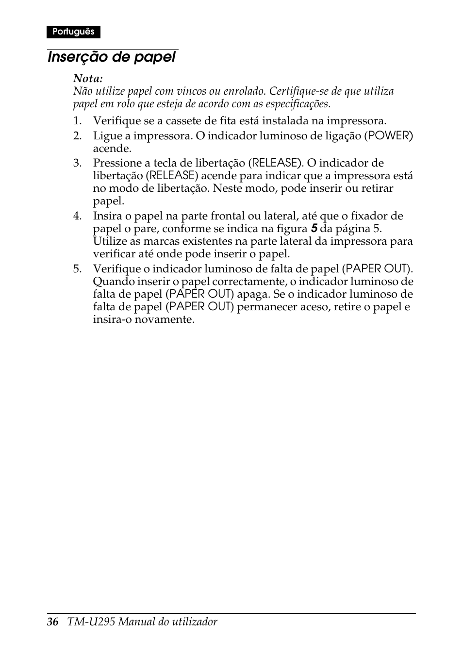 Inserção de papel | Rice Lake EPSON TM-U295 User Manual | Page 38 / 72