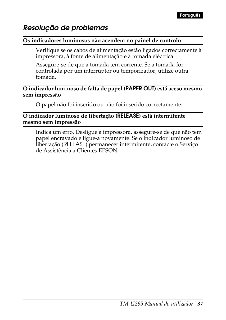 Resolução de problemas | Rice Lake EPSON TM-U295 User Manual | Page 39 / 72