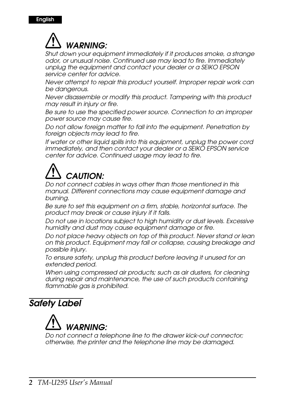 Safety label, Warning, Caution | Rice Lake EPSON TM-U295 User Manual | Page 4 / 72