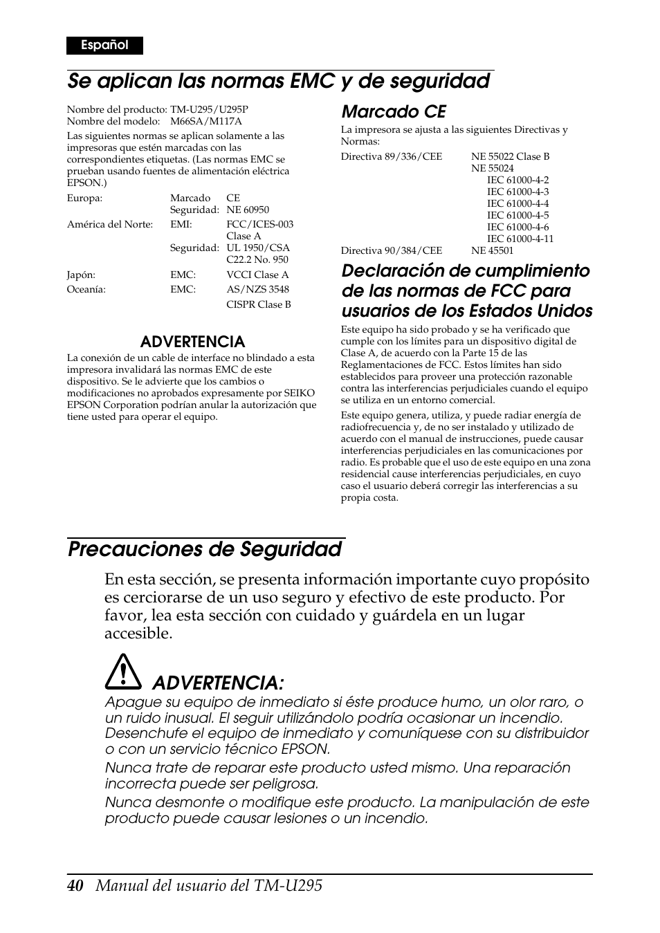 Se aplican las normas emc y de seguridad, Precauciones de seguridad, Marcado ce | Advertencia | Rice Lake EPSON TM-U295 User Manual | Page 42 / 72