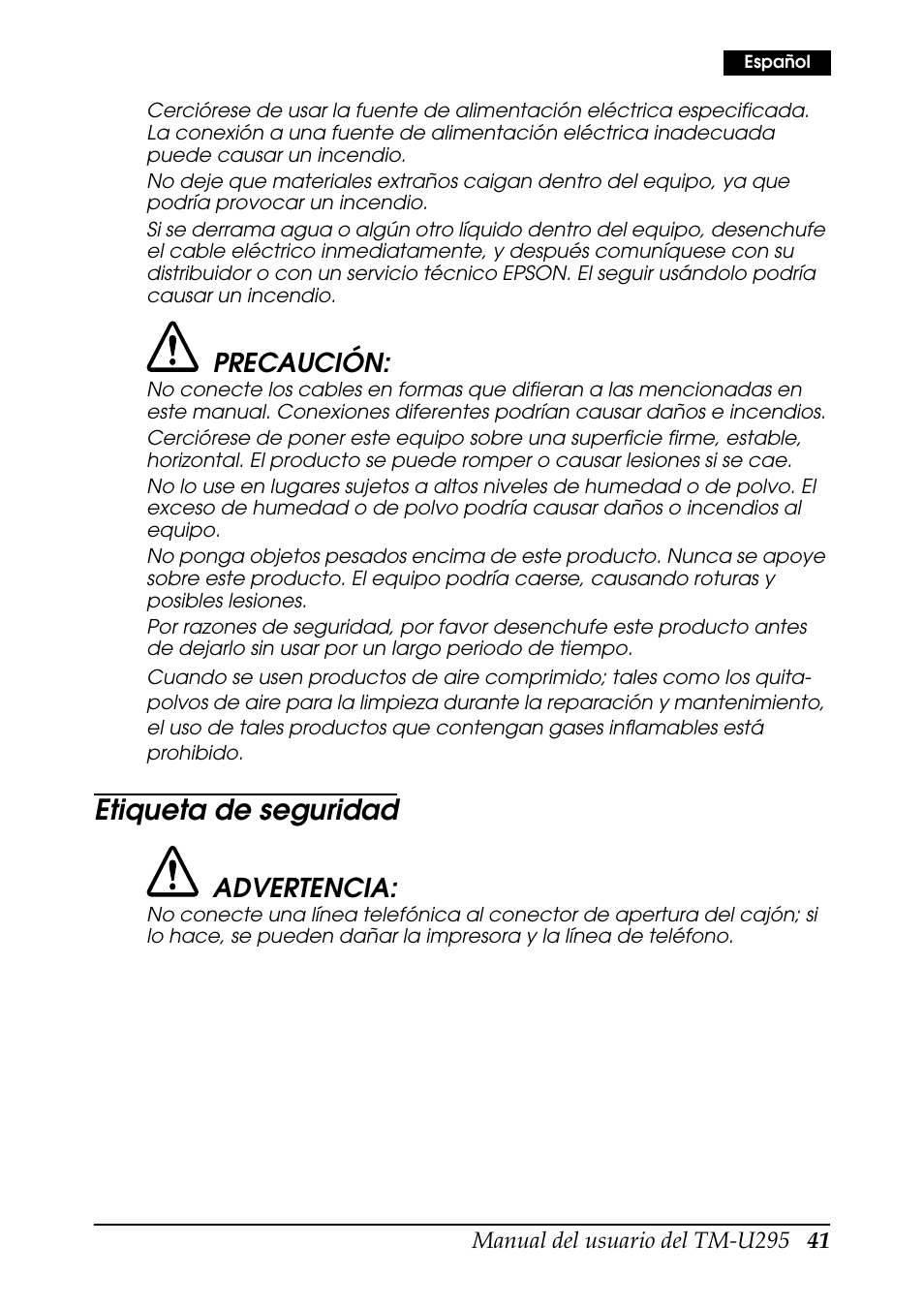 Etiqueta de seguridad, Precaución, Advertencia | Rice Lake EPSON TM-U295 User Manual | Page 43 / 72