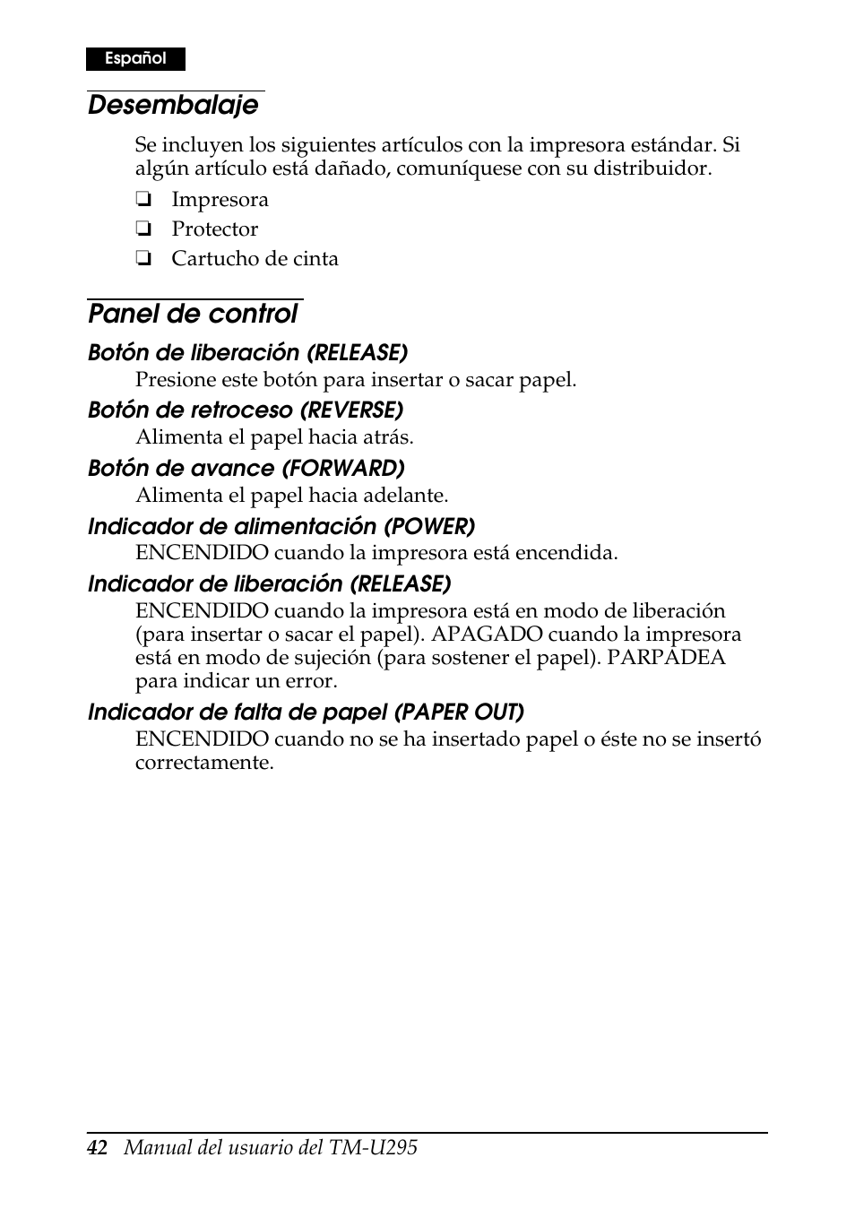 Desembalaje, Panel de control | Rice Lake EPSON TM-U295 User Manual | Page 44 / 72