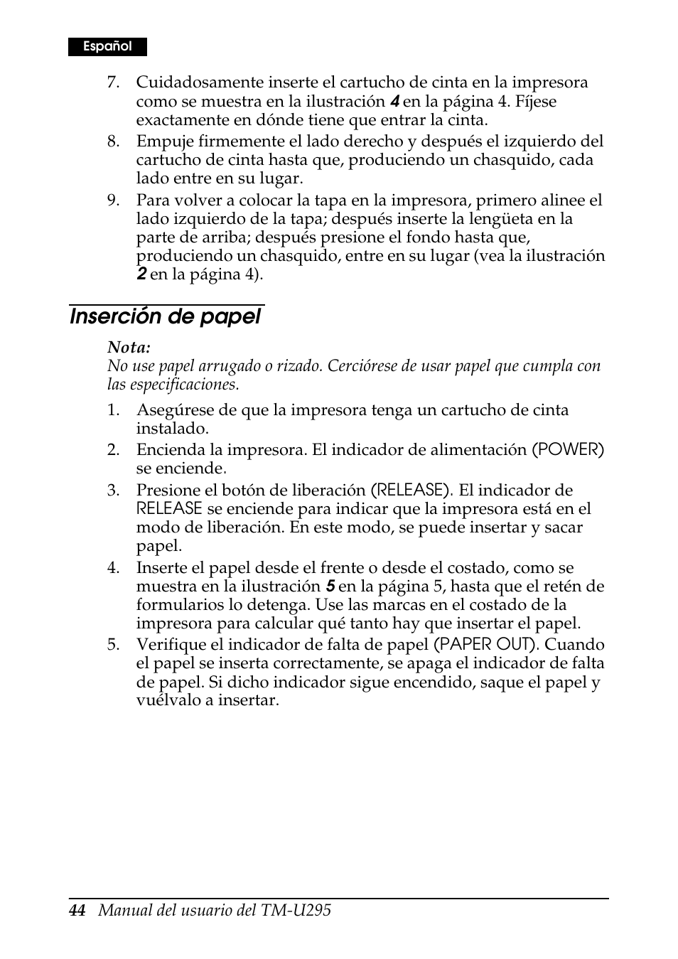 Inserción de papel | Rice Lake EPSON TM-U295 User Manual | Page 46 / 72