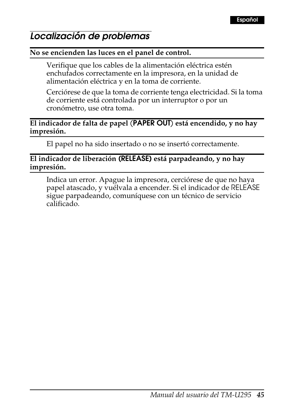 Localización de problemas | Rice Lake EPSON TM-U295 User Manual | Page 47 / 72