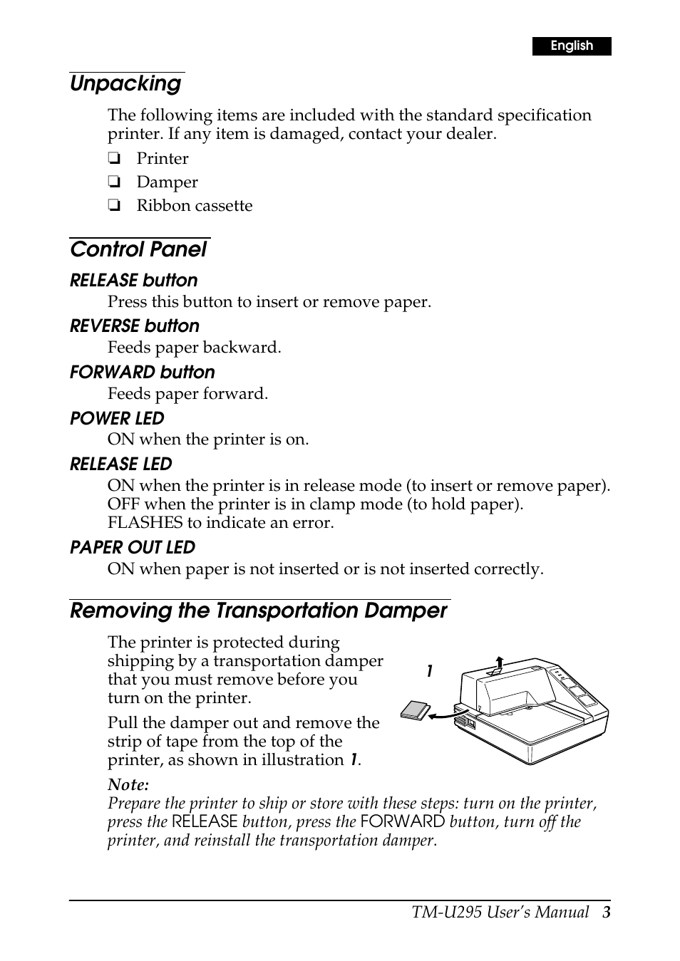 Unpacking, Control panel, Removing the transportation damper | Rice Lake EPSON TM-U295 User Manual | Page 5 / 72