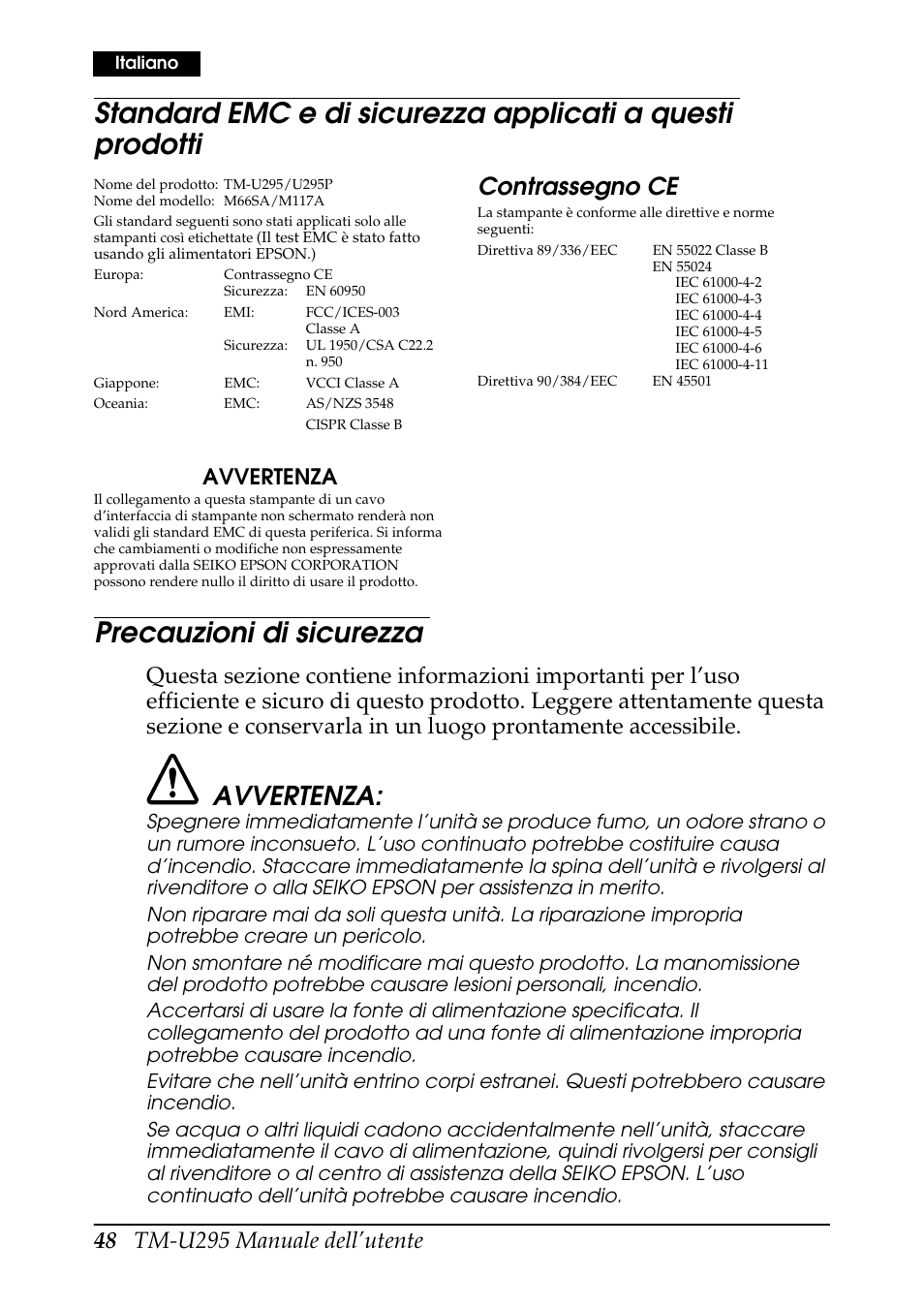 Precauzioni di sicurezza, Contrassegno ce, Avvertenza | Rice Lake EPSON TM-U295 User Manual | Page 50 / 72