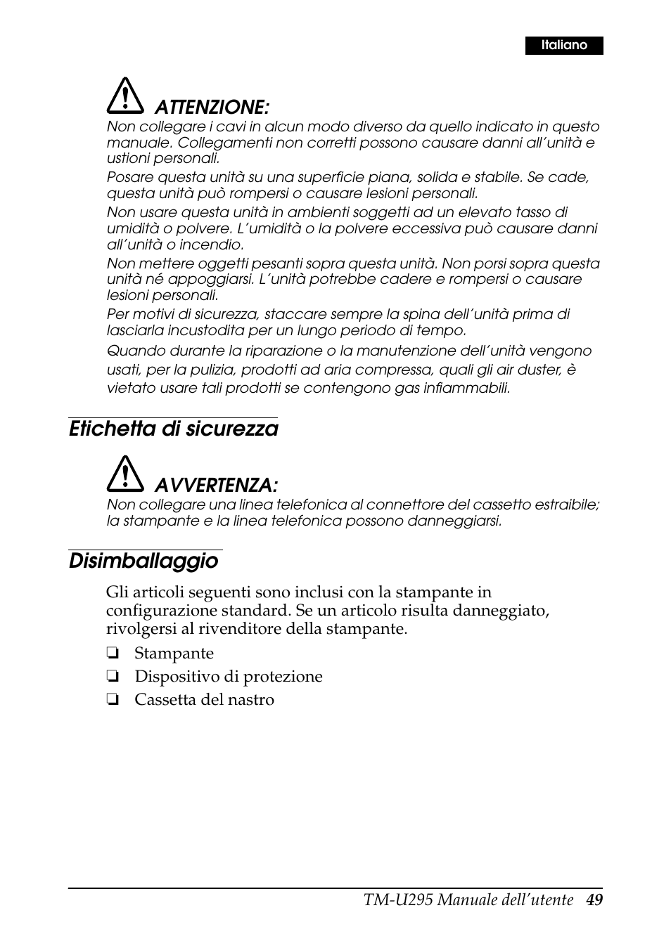 Etichetta di sicurezza, Disimballaggio | Rice Lake EPSON TM-U295 User Manual | Page 51 / 72