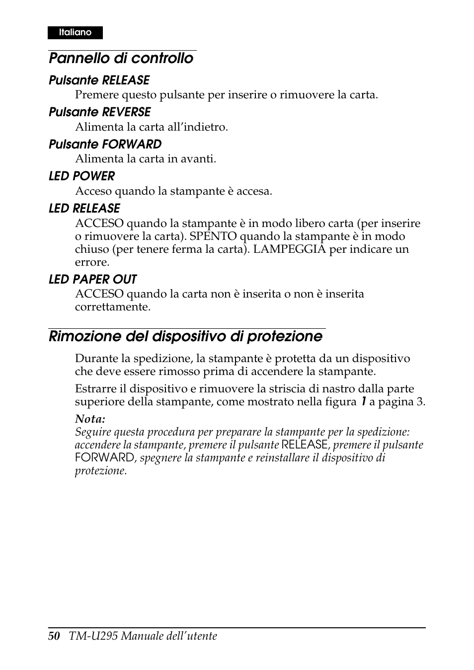 Pannello di controllo, Rimozione del dispositivo di protezione | Rice Lake EPSON TM-U295 User Manual | Page 52 / 72