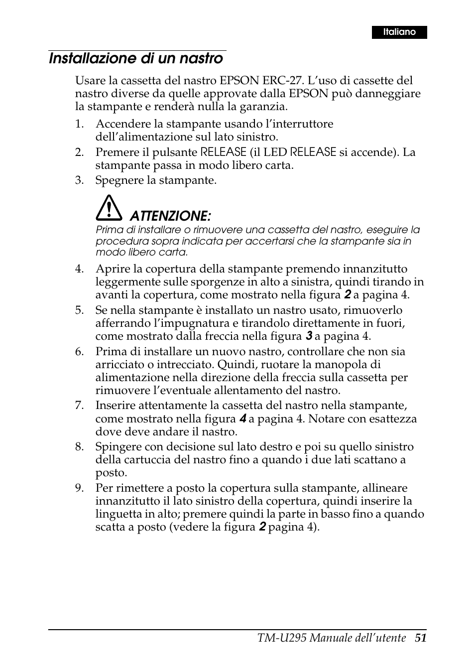 Installazione di un nastro, Attenzione | Rice Lake EPSON TM-U295 User Manual | Page 53 / 72