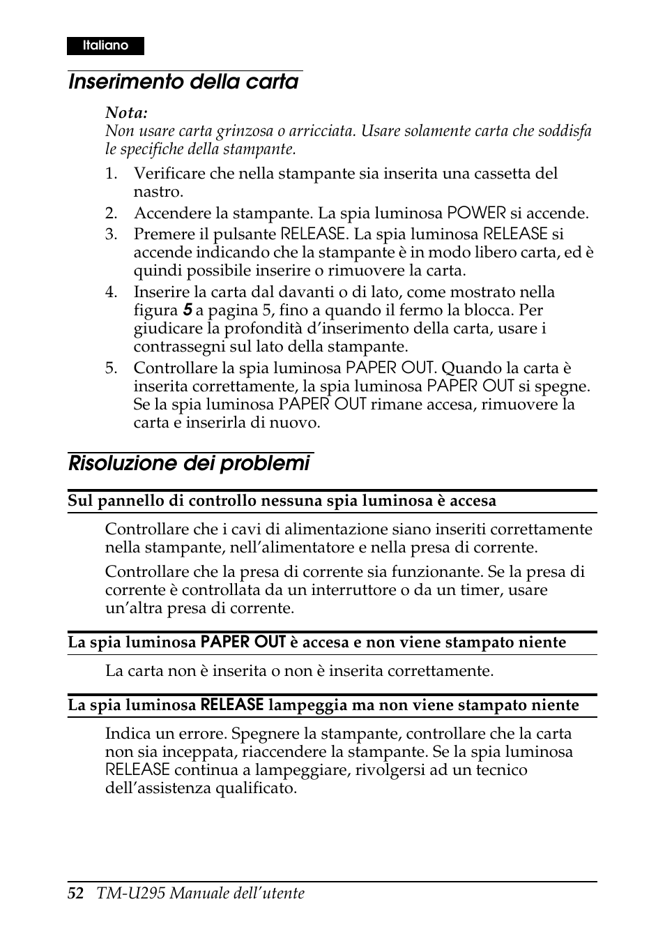 Inserimento della carta, Risoluzione dei problemi | Rice Lake EPSON TM-U295 User Manual | Page 54 / 72