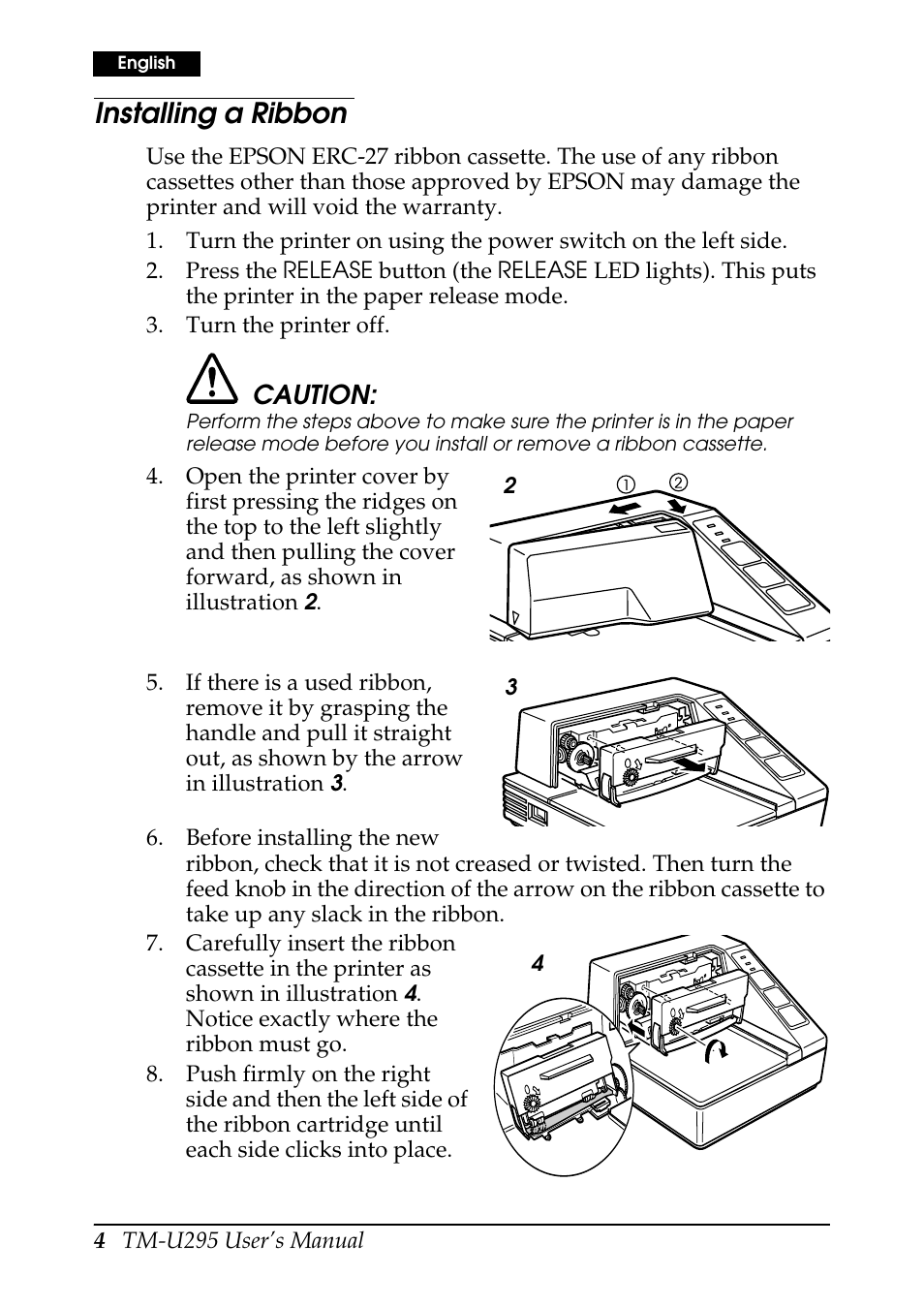 Installing a ribbon, Caution | Rice Lake EPSON TM-U295 User Manual | Page 6 / 72