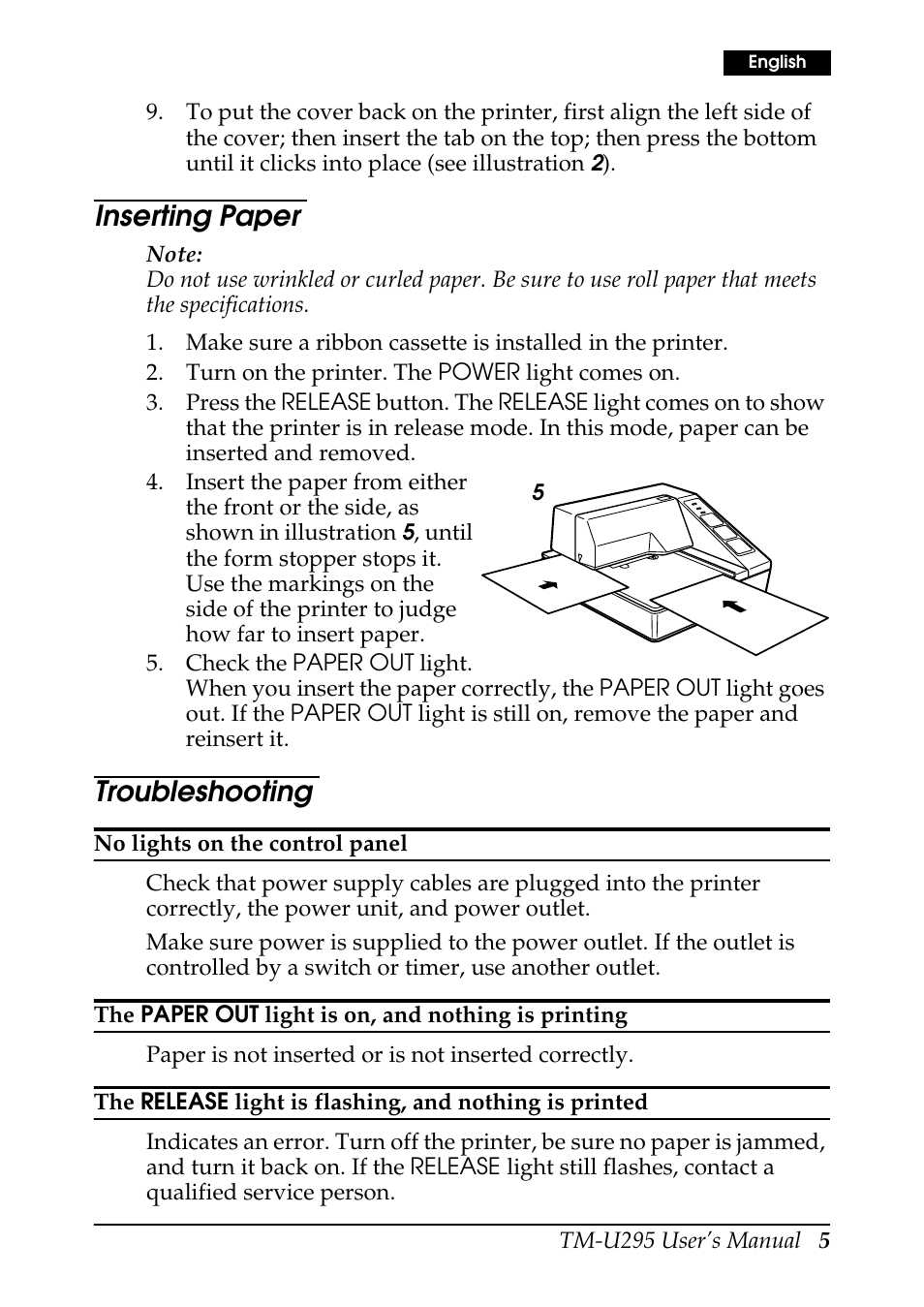 Inserting paper, Troubleshooting | Rice Lake EPSON TM-U295 User Manual | Page 7 / 72