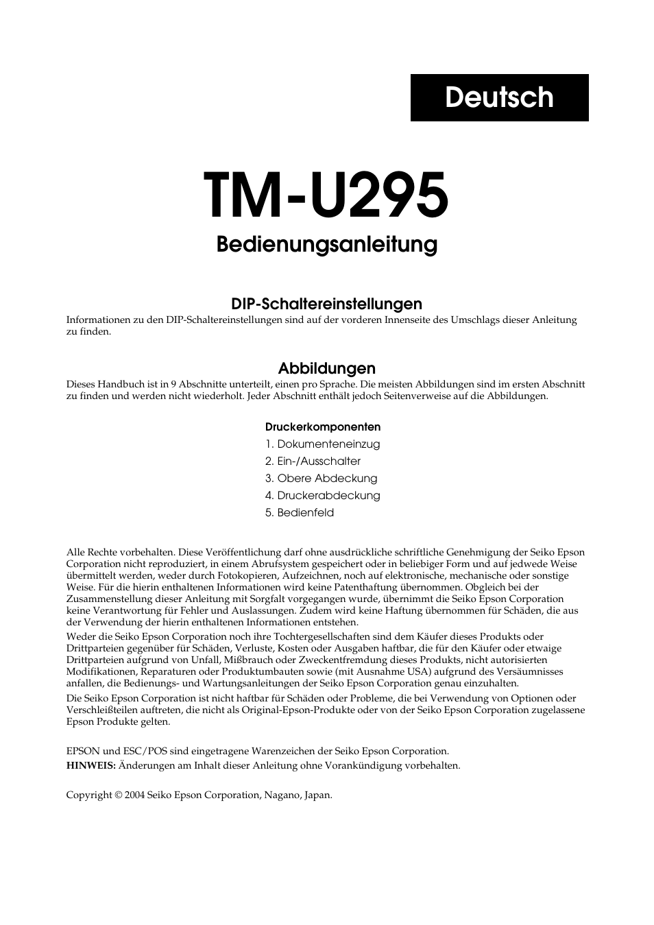 Tm-u295, Deutsch, Bedienungsanleitung | Rice Lake EPSON TM-U295 User Manual | Page 9 / 72