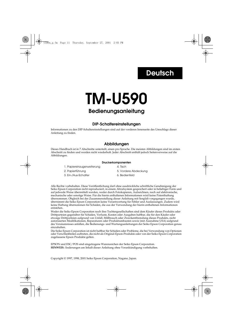 Bedienungsanleitung, Tm-u590, Deutsch | Rice Lake EPSON TM-U590 User Manual | Page 11 / 56
