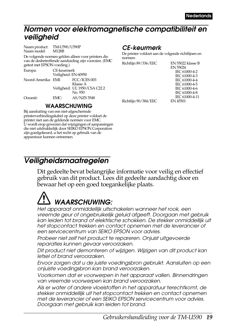 Veiligheidsmaatregelen, Ce-keurmerk, Waarschuwing | Rice Lake EPSON TM-U590 User Manual | Page 19 / 56