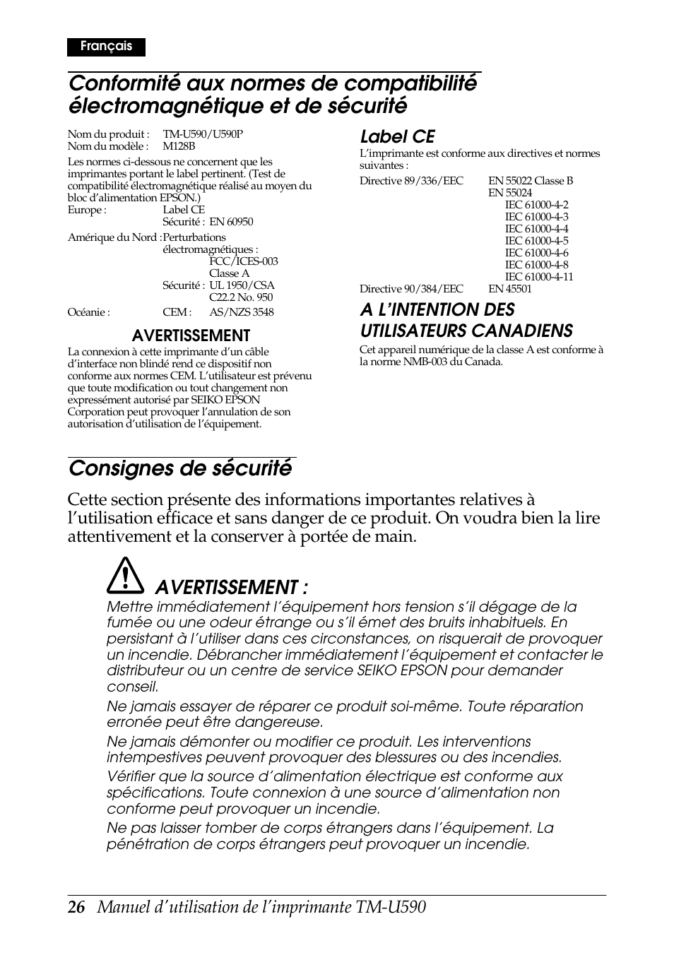 Consignes de sécurité, Avertissement, Label ce | A l’intention des utilisateurs canadiens | Rice Lake EPSON TM-U590 User Manual | Page 26 / 56