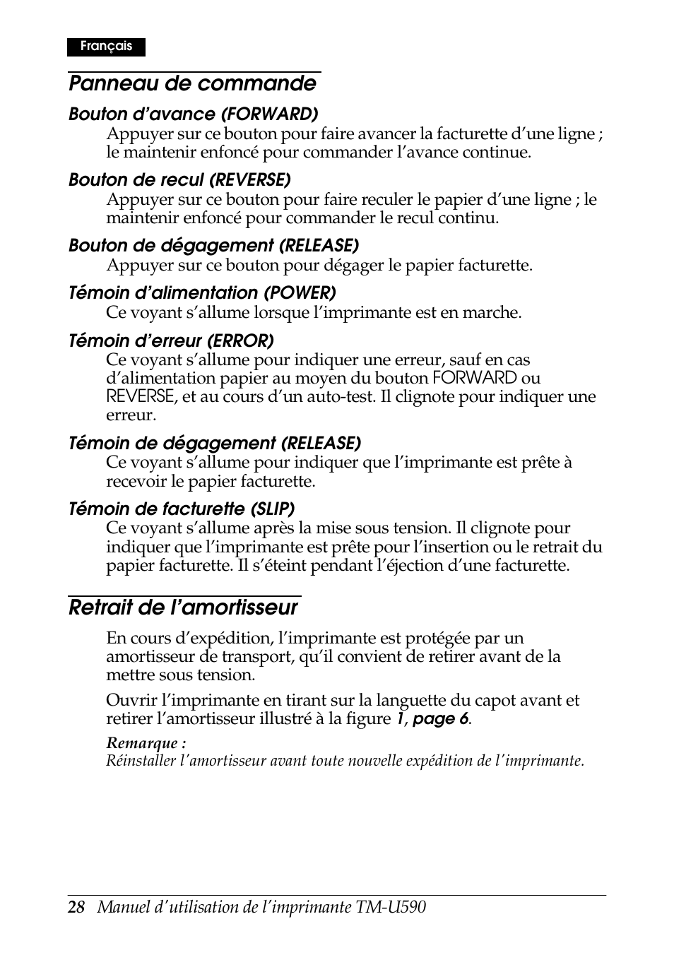 Panneau de commande, Retrait de l’amortisseur | Rice Lake EPSON TM-U590 User Manual | Page 28 / 56