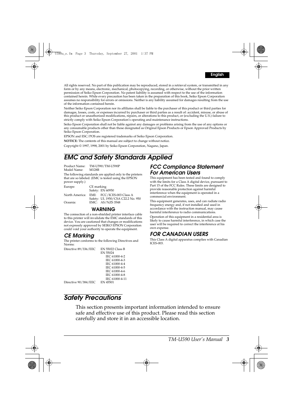 Emc and safety standards applied, Safety precautions, Ce marking | Fcc compliance statement for american users, For canadian users, Tm-u590 user’s manual 3, Warning | Rice Lake EPSON TM-U590 User Manual | Page 3 / 56