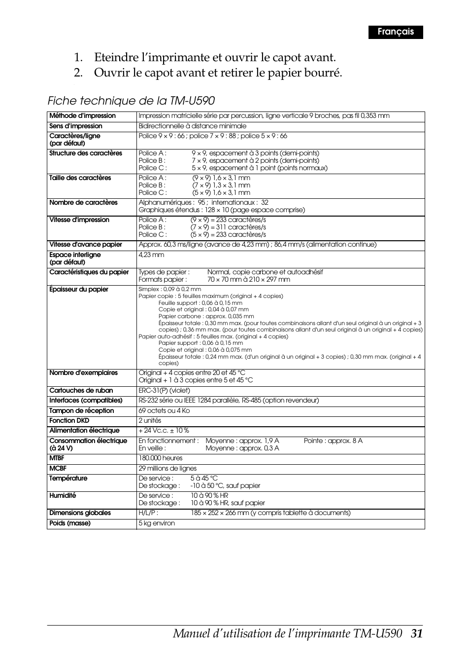 Fiche technique de la tm-u590, Français | Rice Lake EPSON TM-U590 User Manual | Page 31 / 56