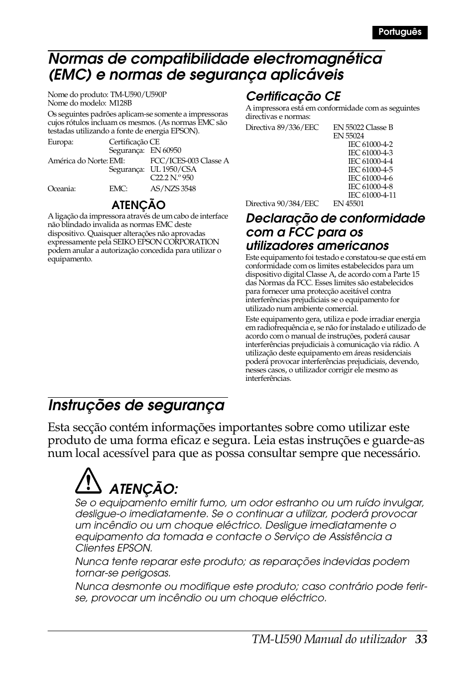 Instruções de segurança, Certificação ce, Atenção | Rice Lake EPSON TM-U590 User Manual | Page 33 / 56