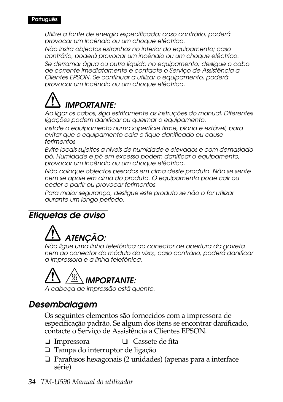 Etiquetas de aviso, Desembalagem | Rice Lake EPSON TM-U590 User Manual | Page 34 / 56